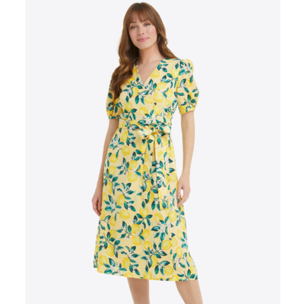 EUC Draper James Miranda Wrap Dress in Lemon Blossom Print Womens 12